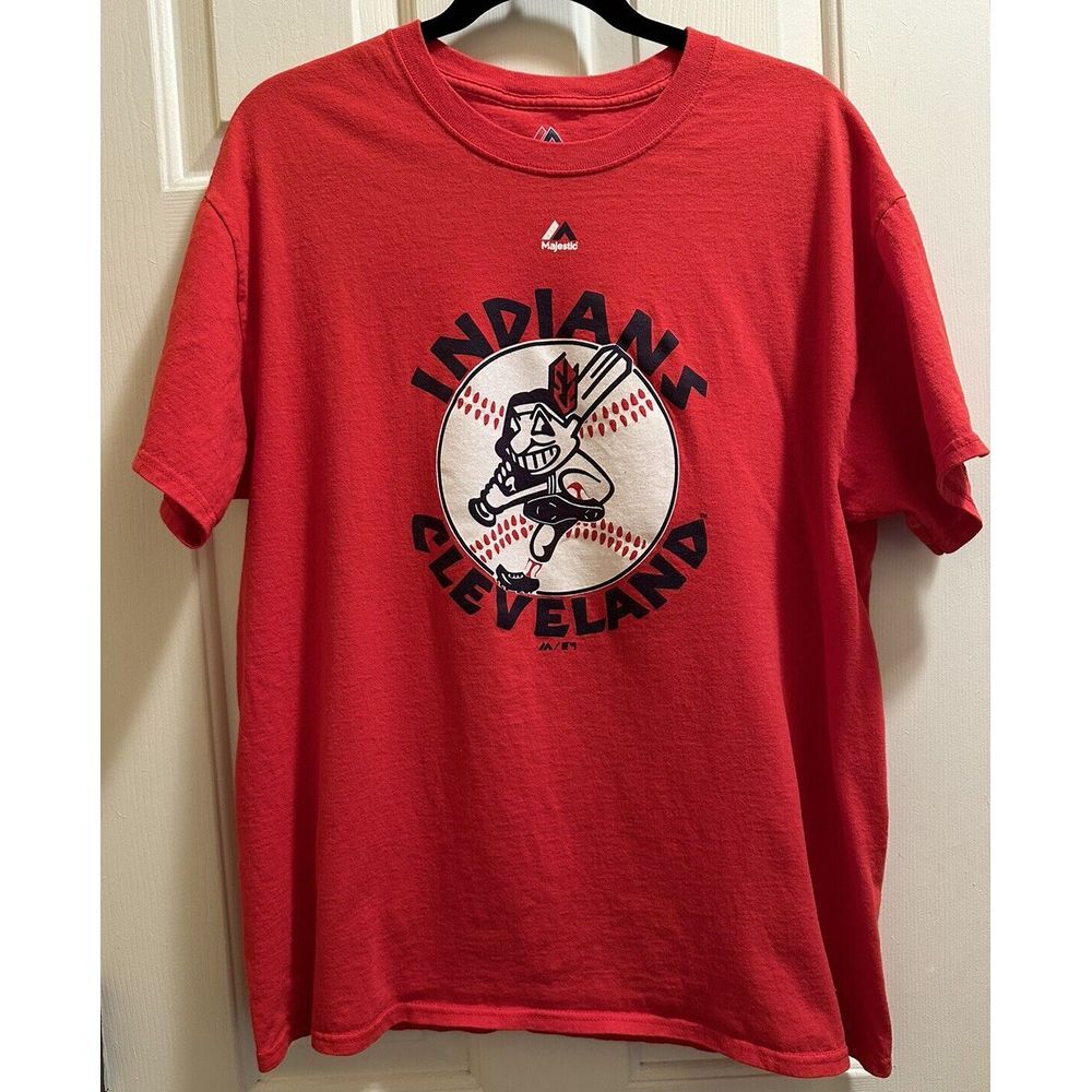 Majestic Mens MLB Cleveland Indians T-Shirt Size L Red Short Sleeve 100% Cotton